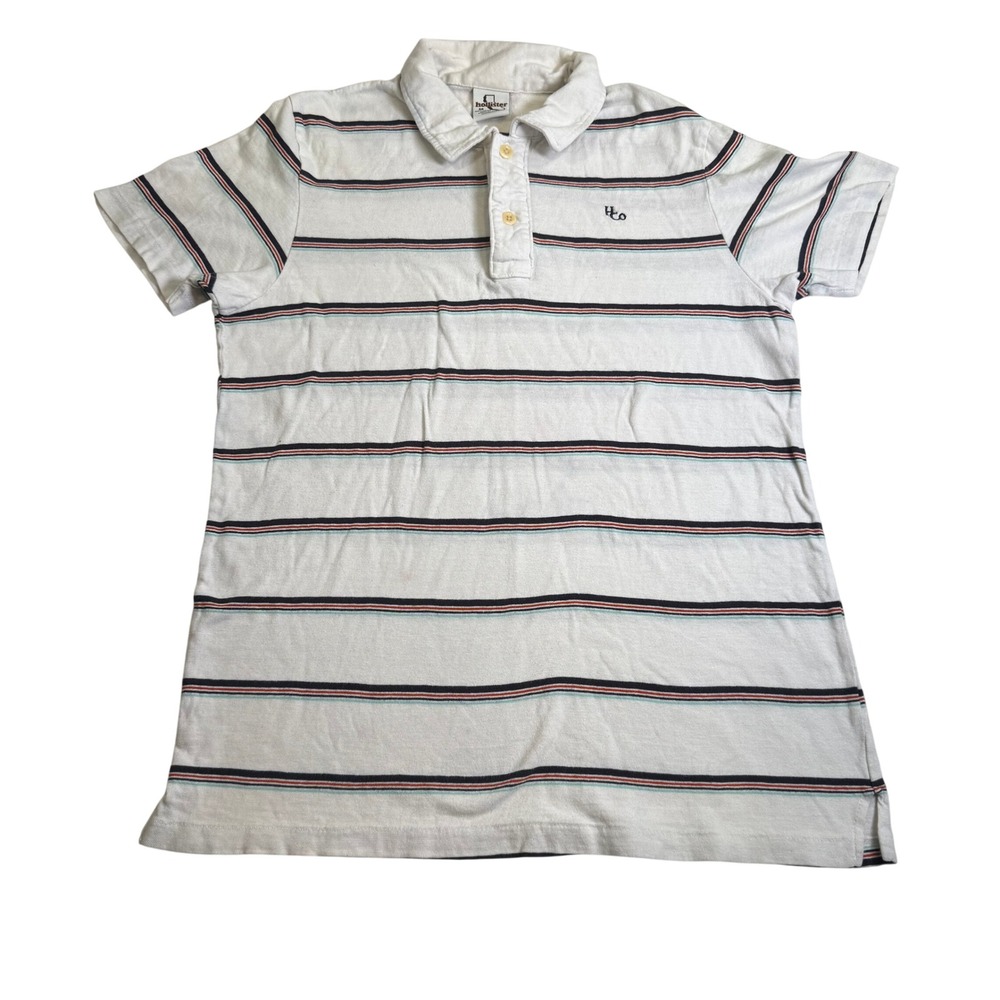 Hollister Polo Shirt Medium White Striped Y2K Vintage Short Sleeve HCo Logo